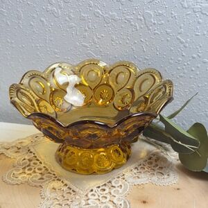 Vintage 60s L.E. Smith "Moon & Stars" Amber Glass Footed Candy Compote Bowl Dish